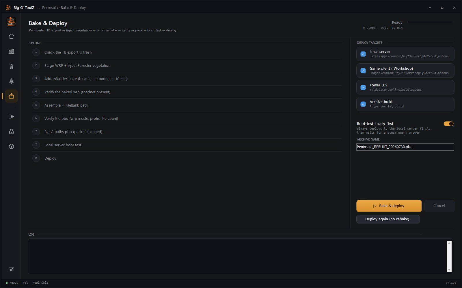 Bake & Deploy — nine-step build pipeline with deploy targets and a local boot test