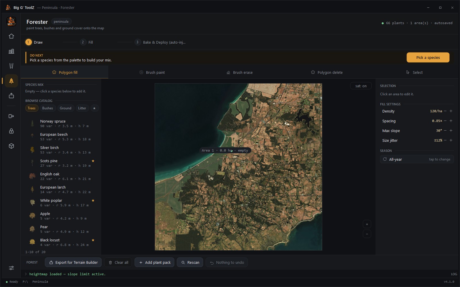 Forester — species catalog with previews, fill density settings, and polygon zone tools over a satellite map