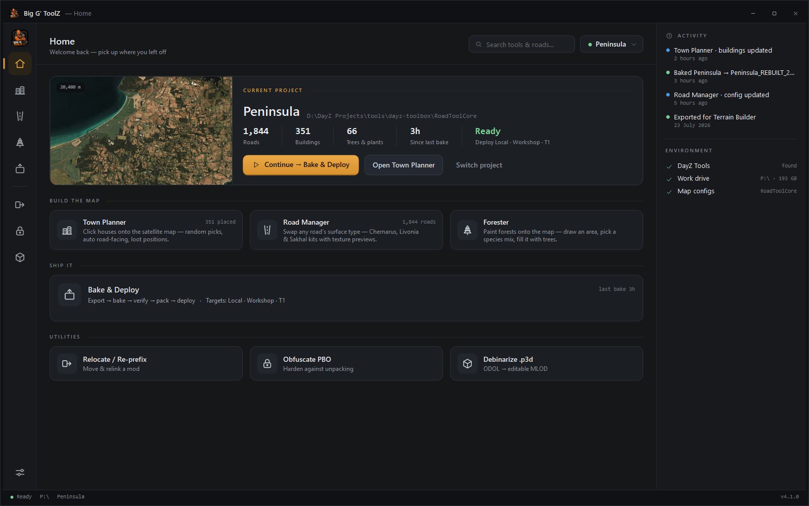 Big G' ToolZ home screen — project dashboard with satellite map, road and building counts, and one-click bake