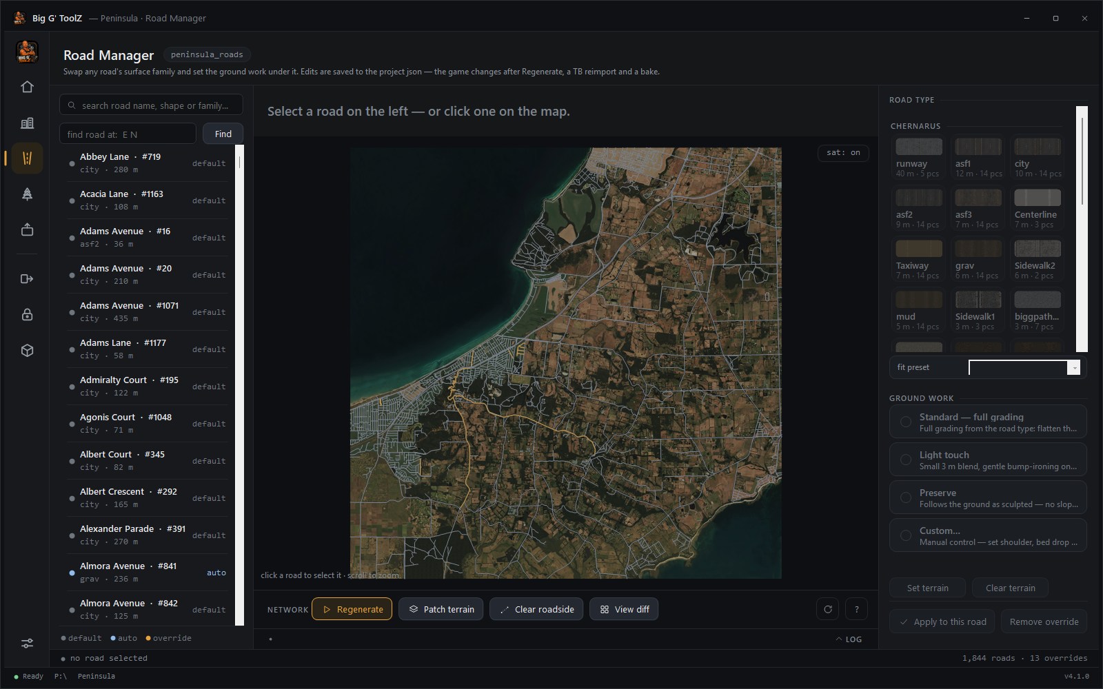 Road Manager — searchable road list, satellite map, and surface type picker with texture previews