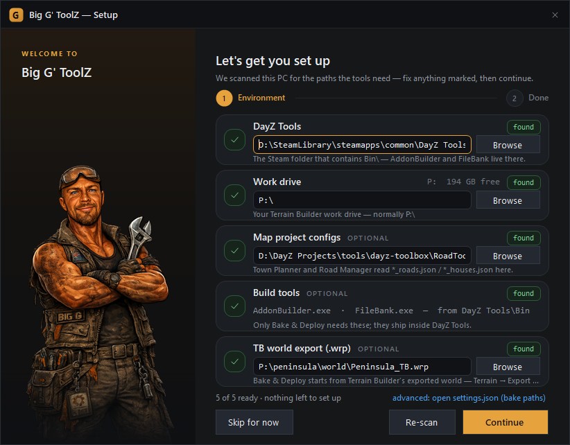 Setup — first-run environment check with green ticks for DayZ Tools, work drive, map configs, build tools and TB world export