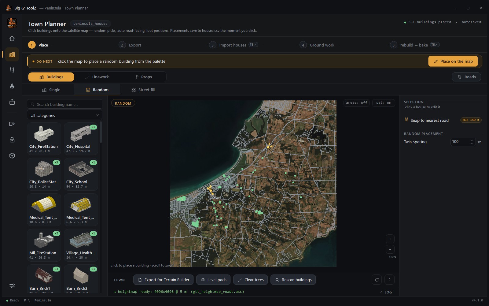 Town Planner — building palette with 3D previews beside a satellite map