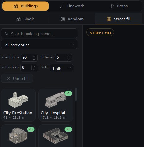 Street fill mode — spacing, jitter, setback and side controls above the building palette