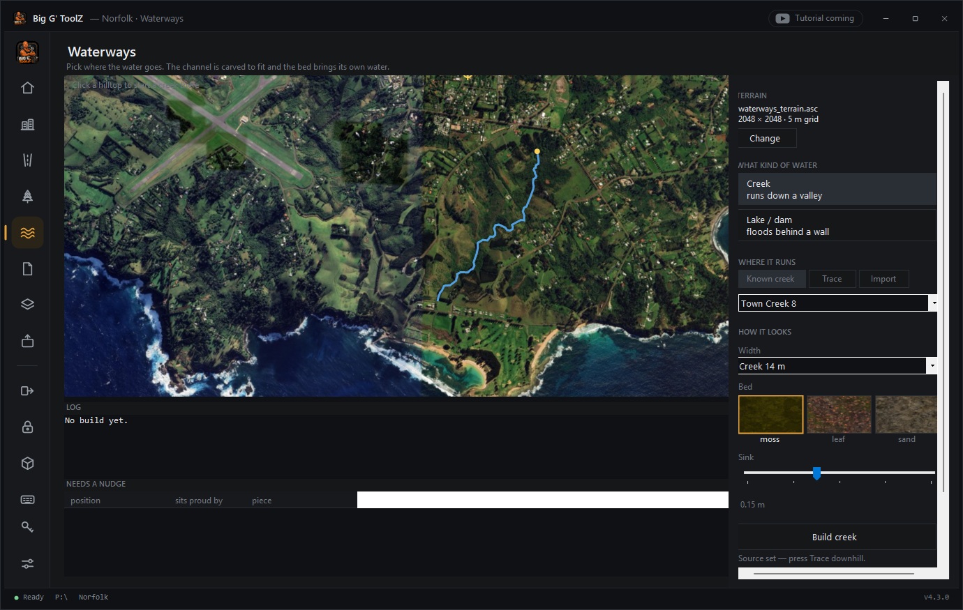 Waterways — a creek guide from OpenStreetMap over the satellite map, with width, bed and sink controls